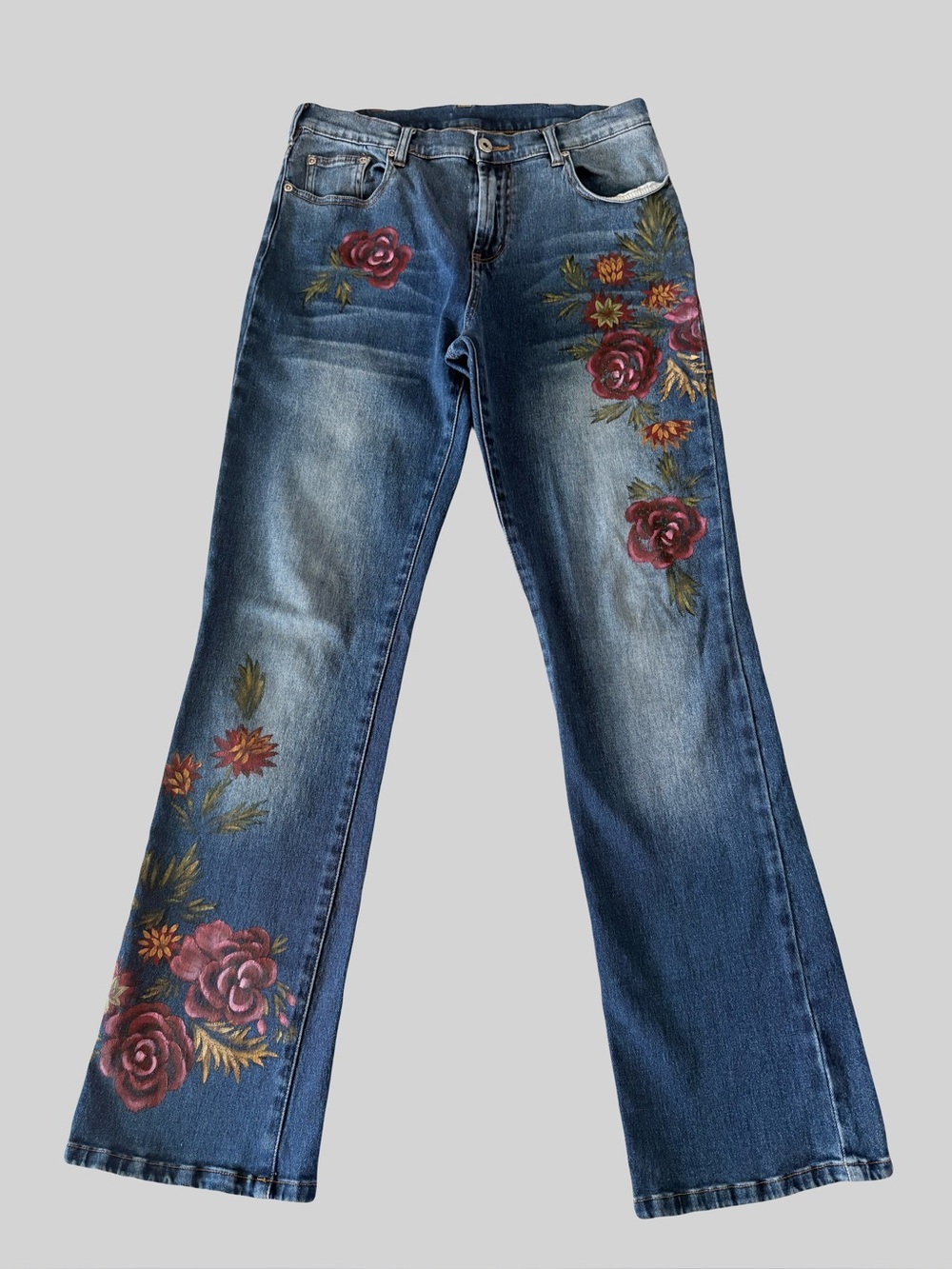 DG2 Diane Gilman Floral Painted Flare Jeans Medium Wash Size 8